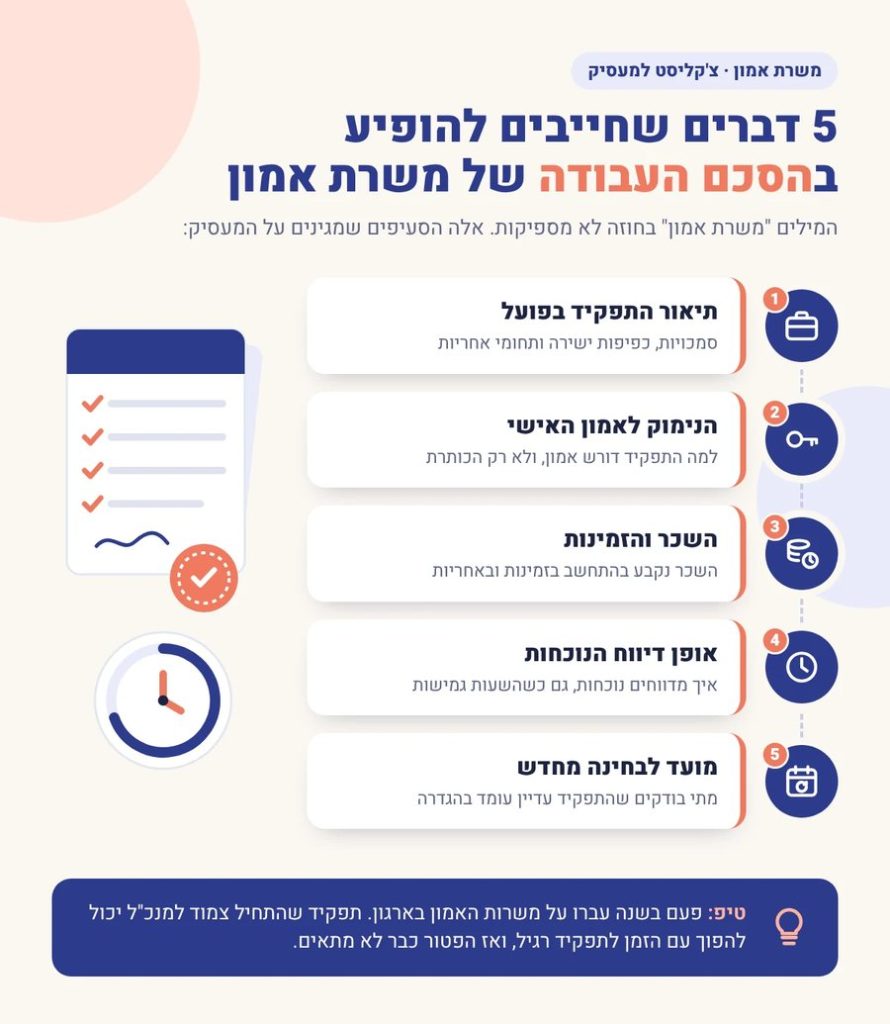 צ'קליסט להעסקת עובדים במשרות אמון: 5 סעיפים שחייבים להופיע בהסכם העבודה